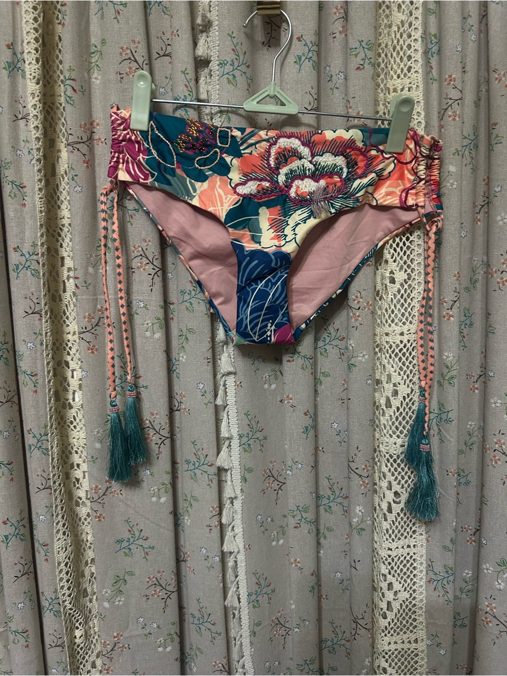 Cosita Linda Floral Embroidered Tassel‎ Side Tie Bikini Bottoms NWOT